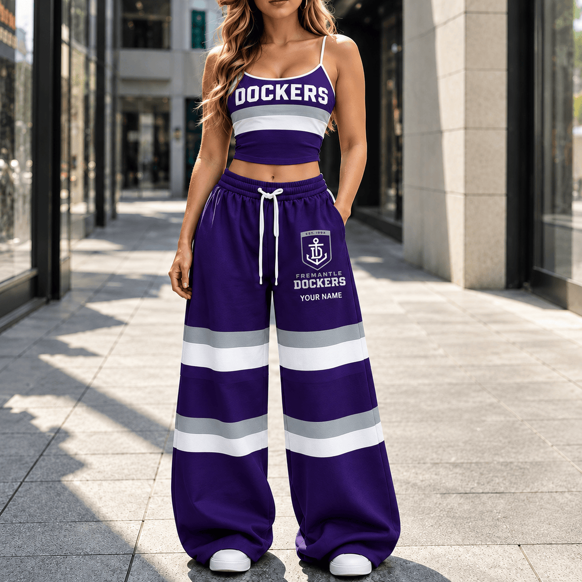 Fremantle Dockers AFL Full Set Spaghetti Strap Crop Top Wide Leg Sweatpants Custom Any name