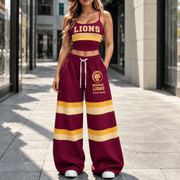 Brisbane Lions AFL Full Set Spaghetti Strap Crop Top Wide Leg Sweatpants Custom Any name