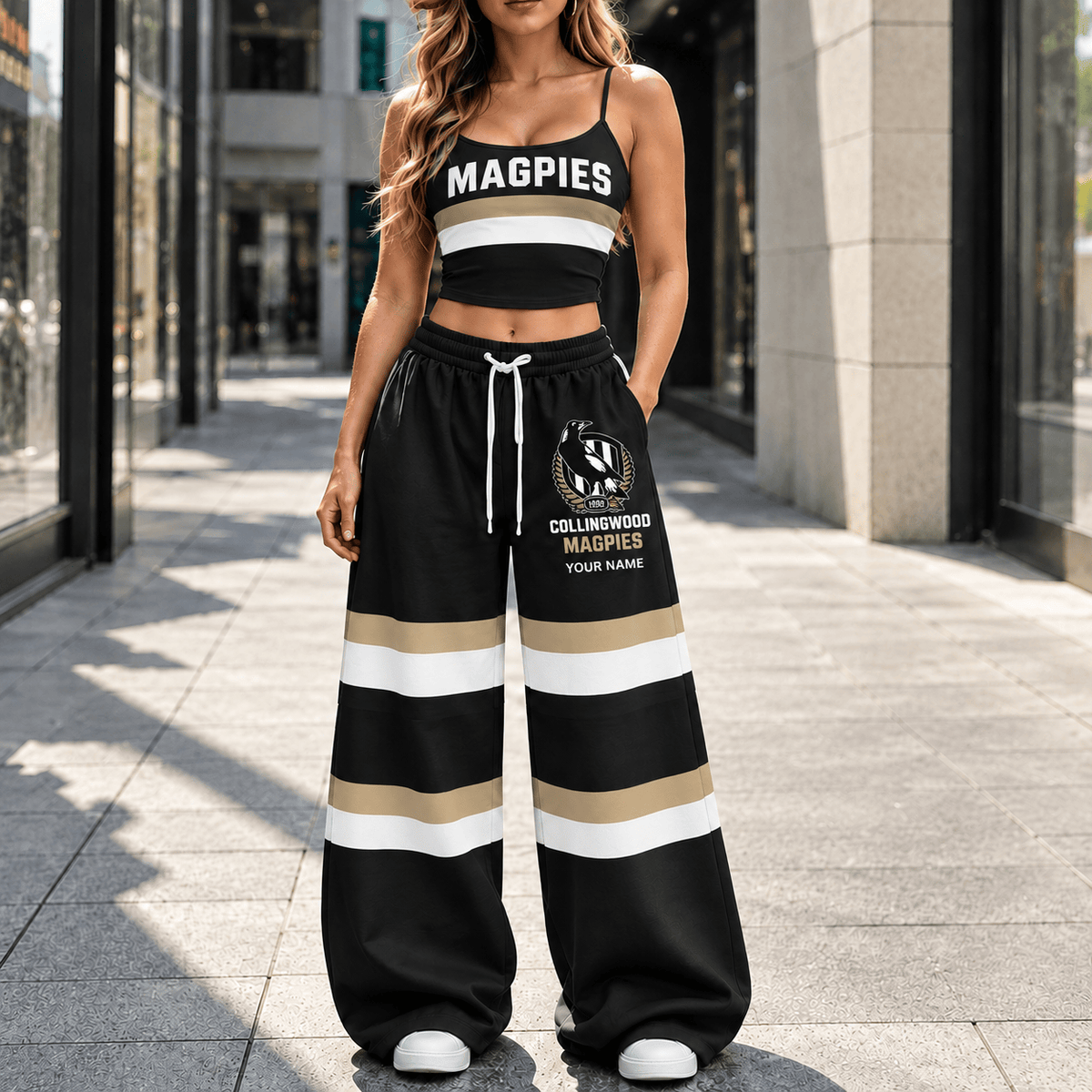 Collingwood Magpies AFL Full Set Spaghetti Strap Crop Top Wide Leg Sweatpants Custom Any name