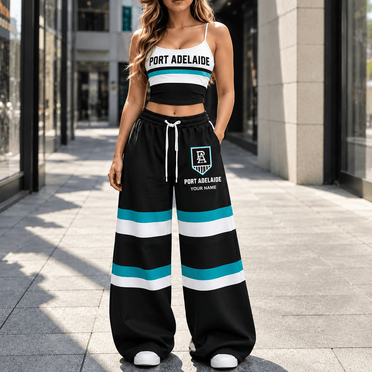 Port Adelaide Power AFL Full Set Spaghetti Strap Crop Top Wide Leg Sweatpants Custom Any name