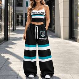 Port Adelaide Power AFL Full Set Spaghetti Strap Crop Top Wide Leg Sweatpants Custom Any name
