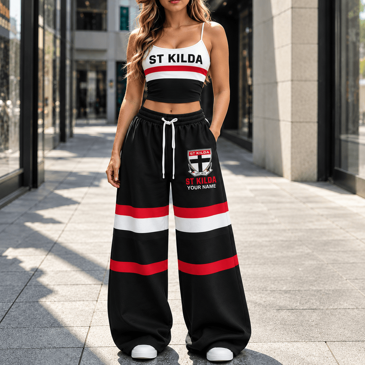 St Kilda Saints AFL Full Set Spaghetti Strap Crop Top Wide Leg Sweatpants Custom Any name