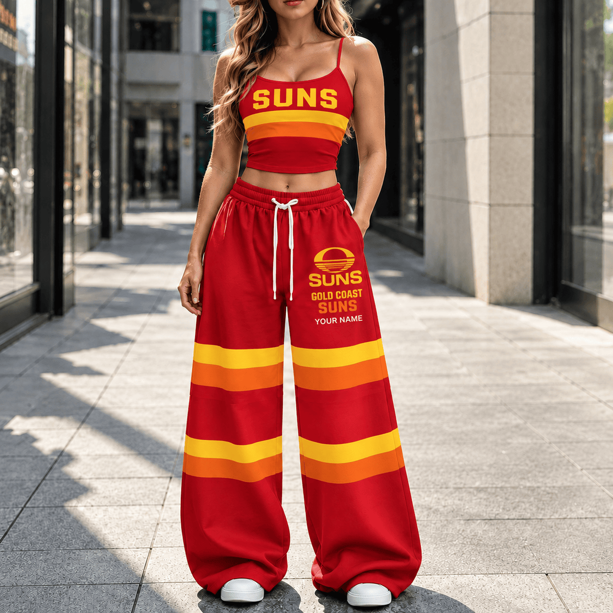 Gold Coast Suns AFL Full Set Spaghetti Strap Crop Top Wide Leg Sweatpants Custom Any name