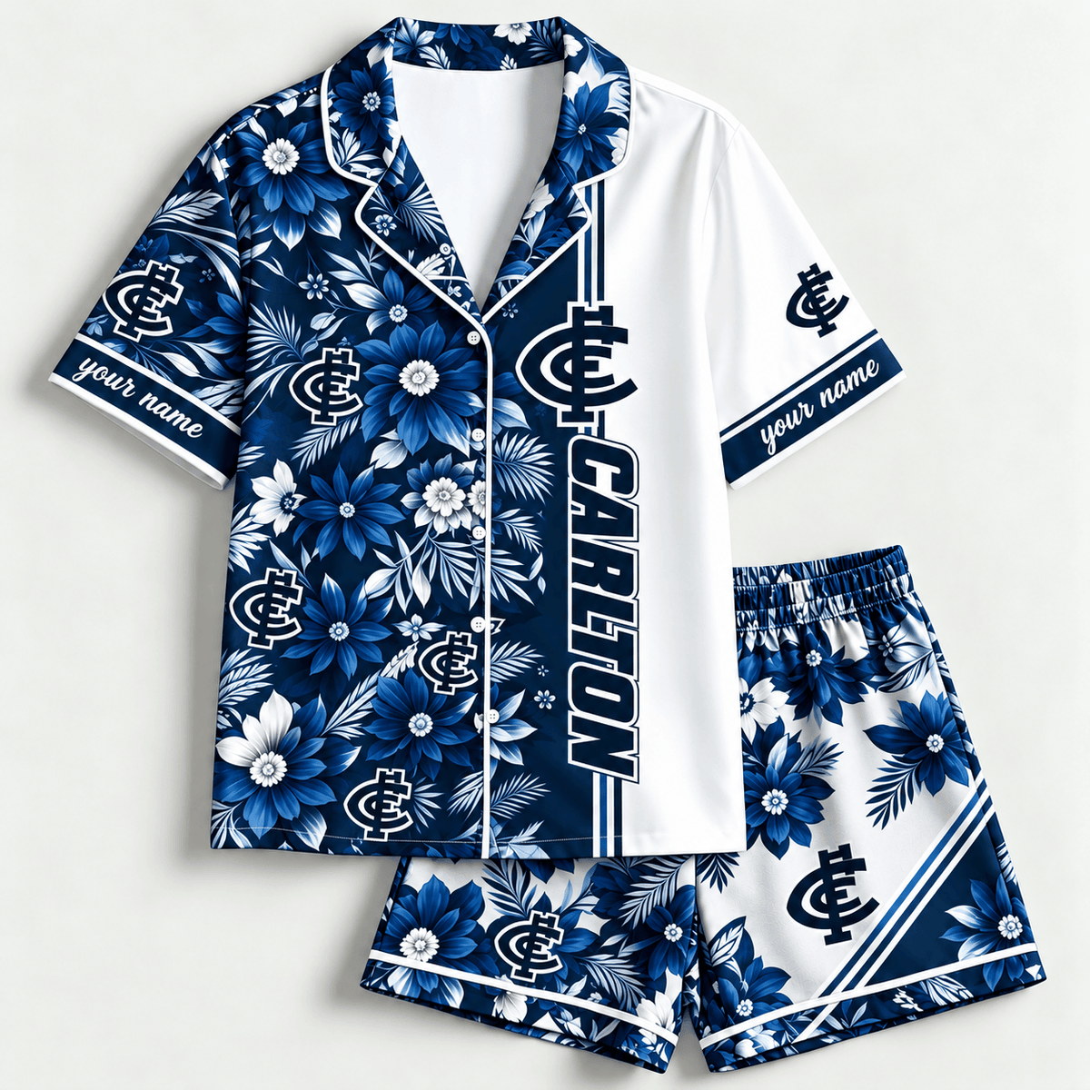 Carlton Blues AFL Full Set Floral Short Woman Pajamas Custom Any Name Gifts