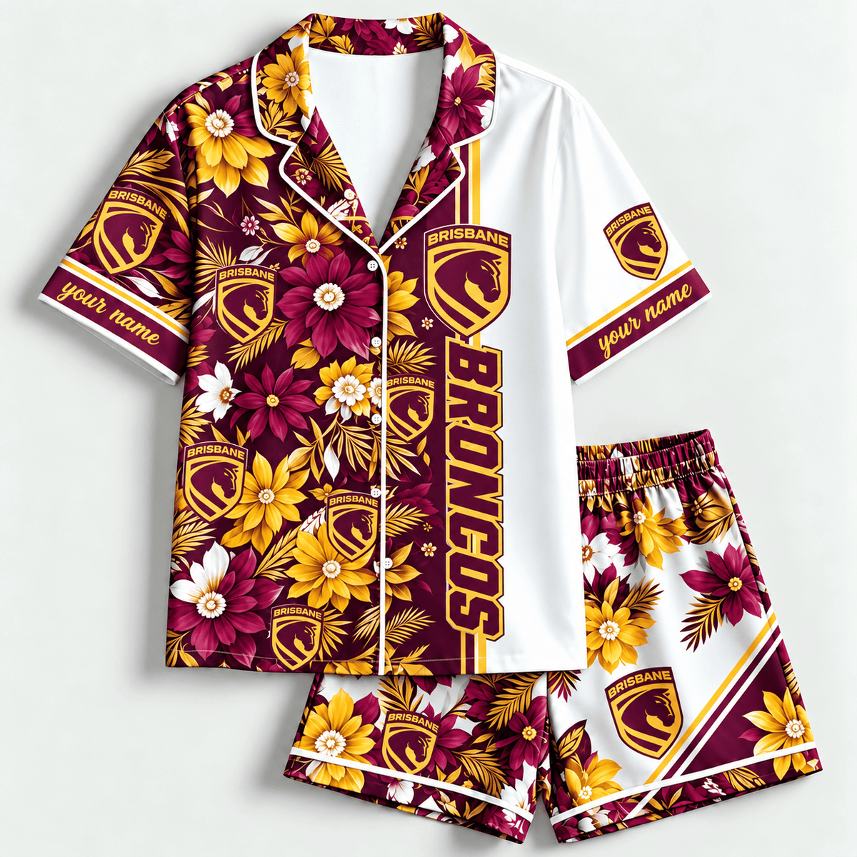 Brisbane Broncos NRL Floral Short Pajamas Shirt Custom Any Name Gifts