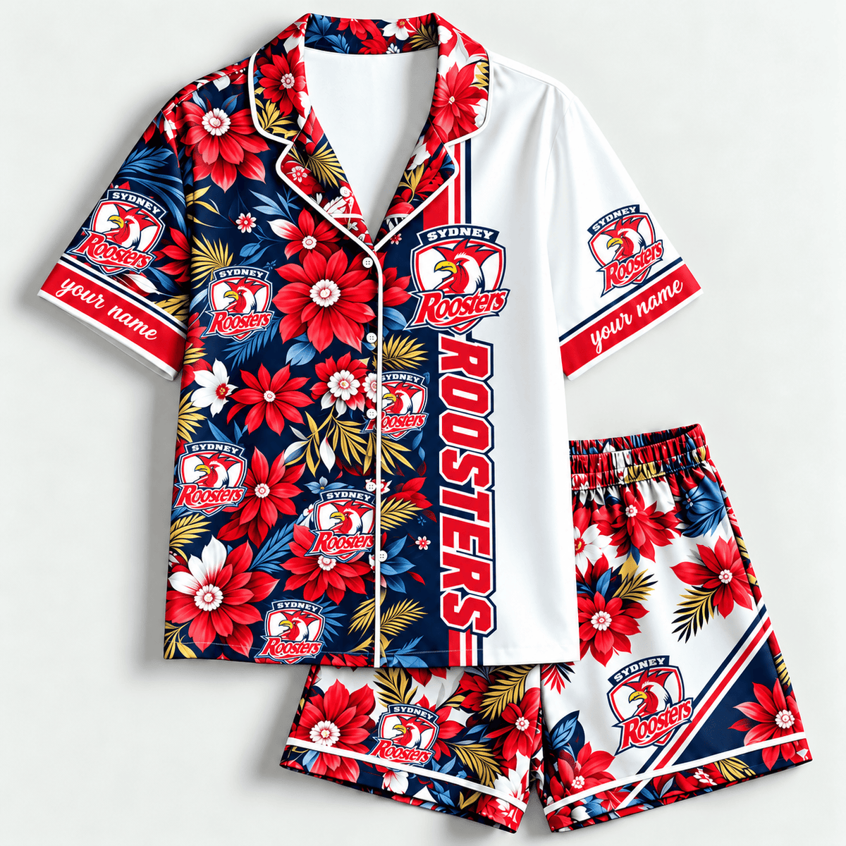 Sydney Roosters NRL Floral Short Pajamas Shirt Custom Any Name Gifts