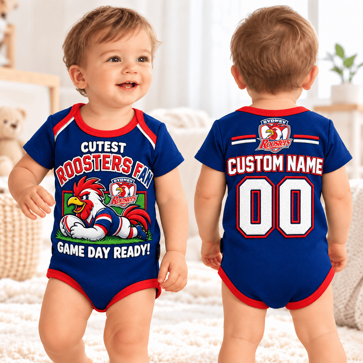 Sydney Roosters NRL Cute Baby Romper All Size Custom Any Name & Number