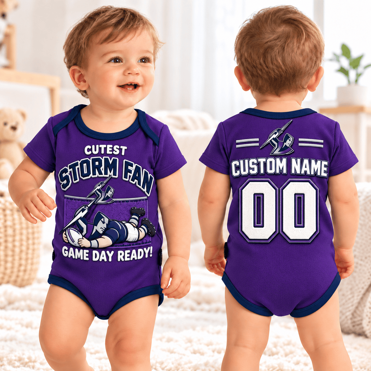 Melbourne Storm NRL Cute Baby Romper All Size Custom Any Name & Number