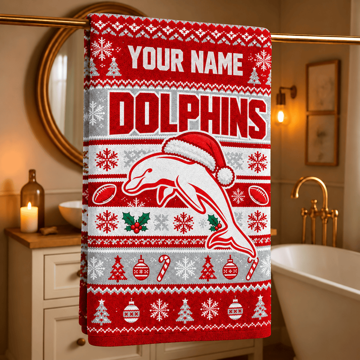 Dolphins NRL Christmas Bath Towel Custom Any Name For Fan