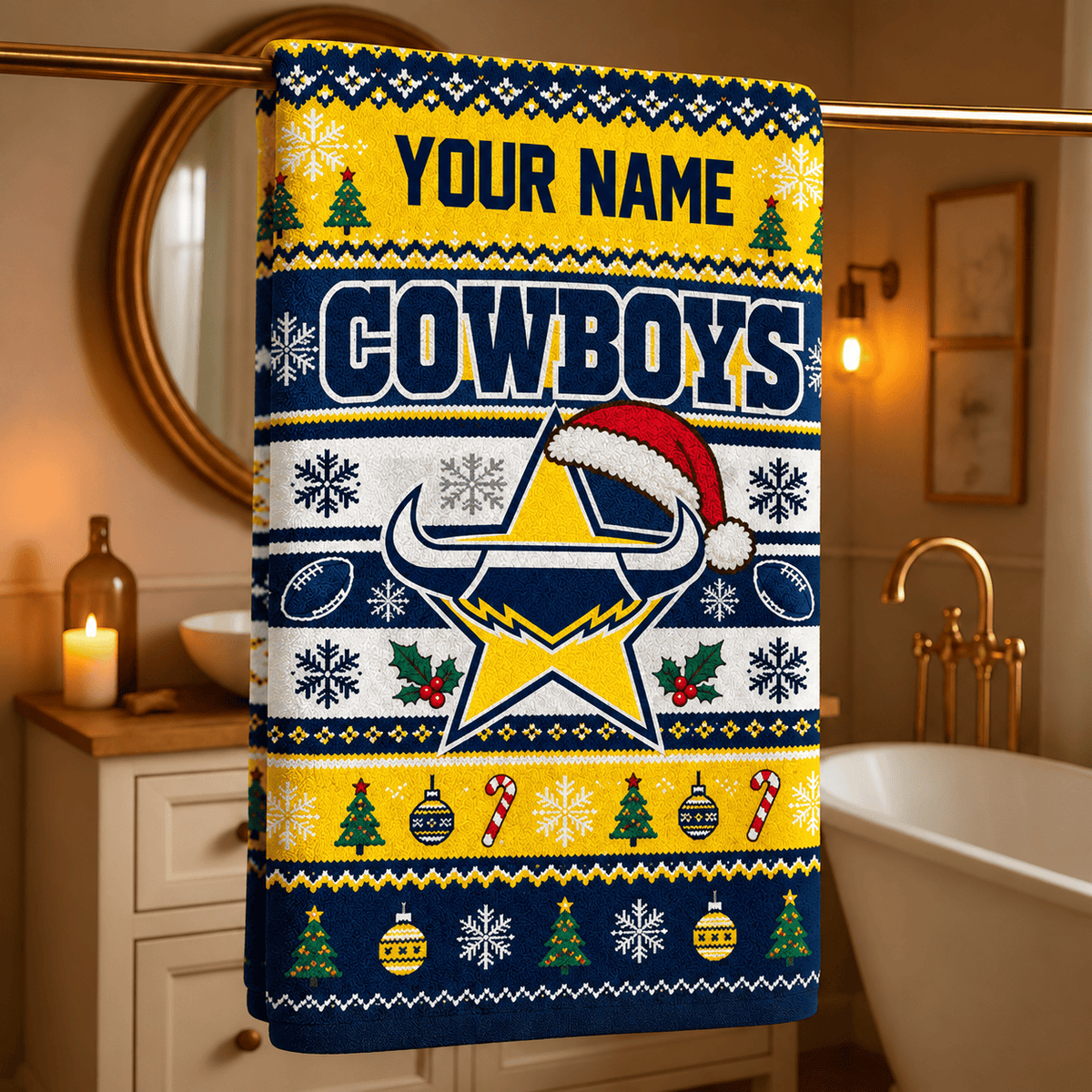 North Queensland Cowboys NRL Christmas Bath Towel Custom Any Name For Fan