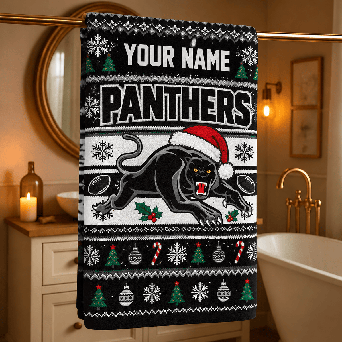 Penrith Panthers NRL Christmas Bath Towel Custom Any Name For Fan