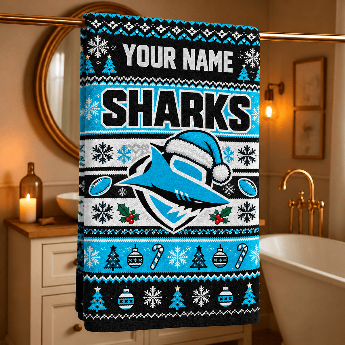 Cronulla-Sutherland Sharks NRL Christmas Bath Towel Custom Any Name For Fan