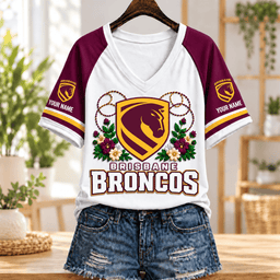 Brisbane Broncos NRL V-neck T-shirt Flowers Design Custom Any Name Gift