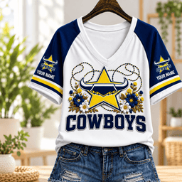 North Queensland Cowboys NRL V-neck T-shirt Flowers Design Custom Any Name Gift
