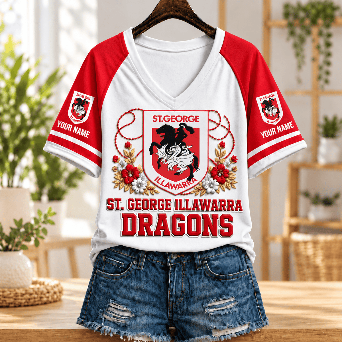 St George Illawarra Dragons NRL V-neck T-shirt Flowers Design Custom Any Name Gift