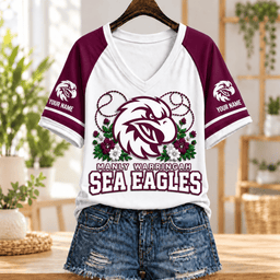 Manly Warringah Sea Eagles NRL V-neck T-shirt Flowers Design Custom Any Name Gift
