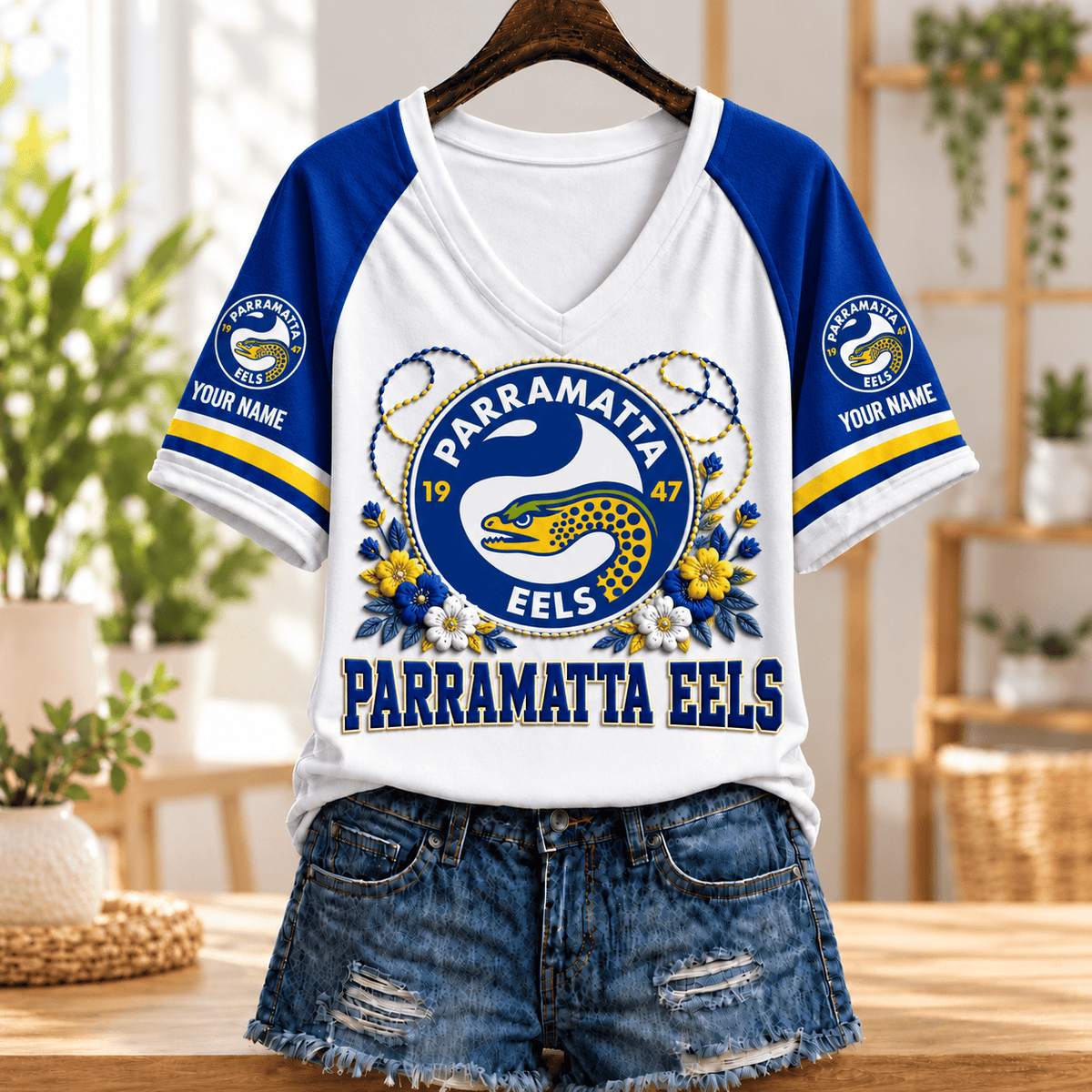 Parramatta Eels NRL V-neck T-shirt Flowers Design Custom Any Name Gift