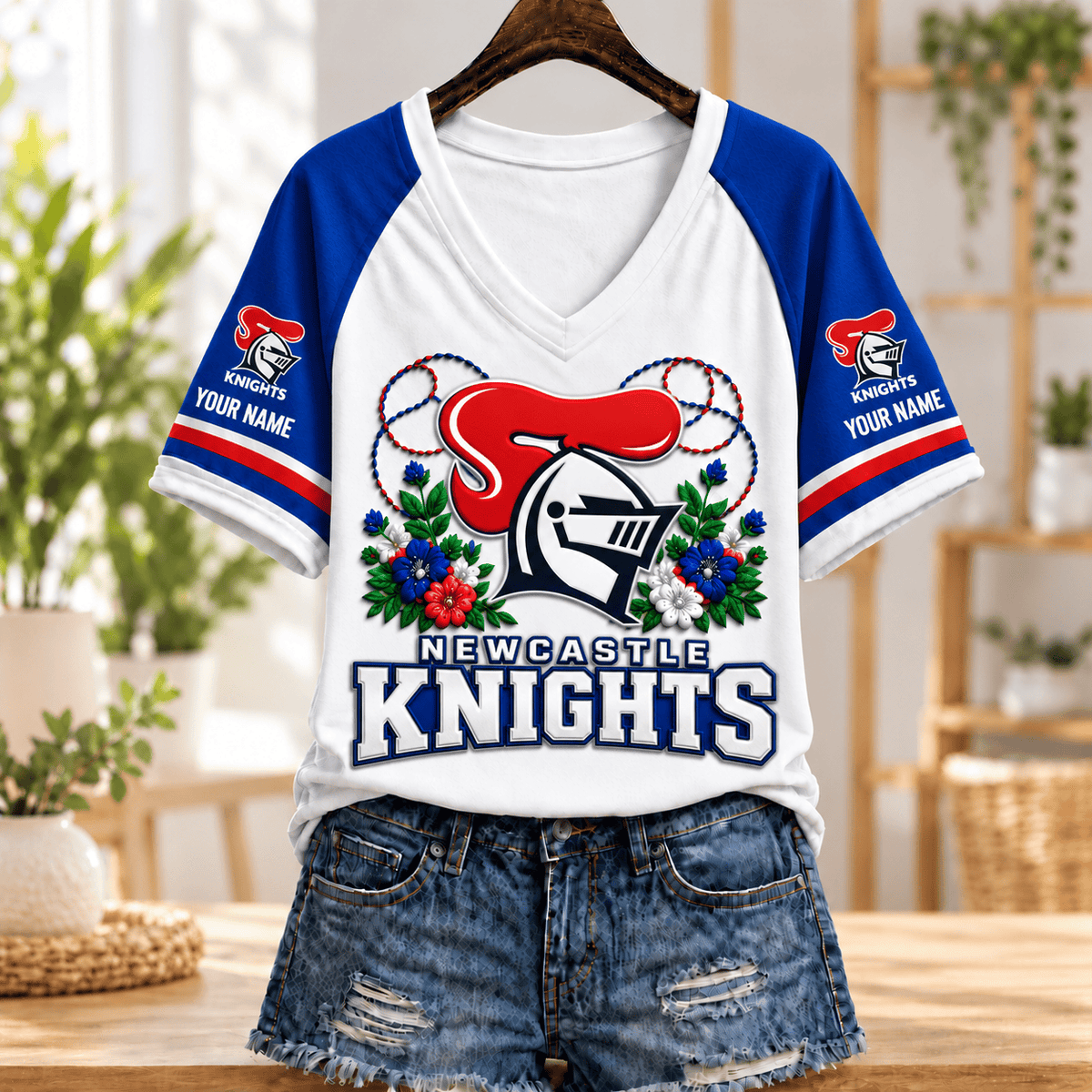Newcastle Knights NRL V-neck T-shirt Flowers Design Custom Any Name Gift