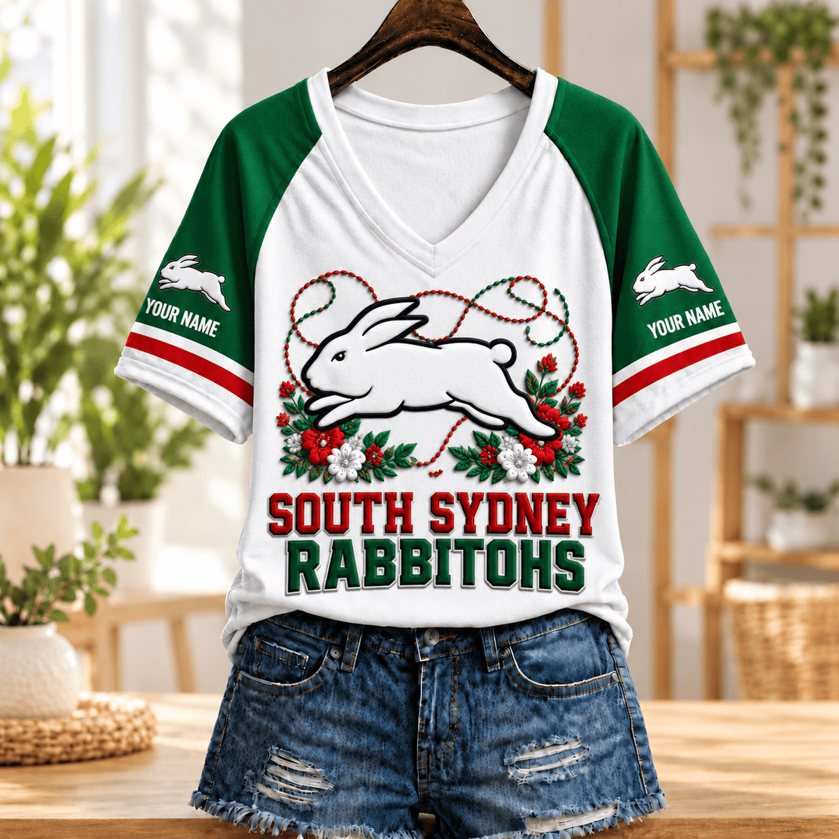 South Sydney Rabbitohs NRL V-neck T-shirt Flowers Design Custom Any Name Gift