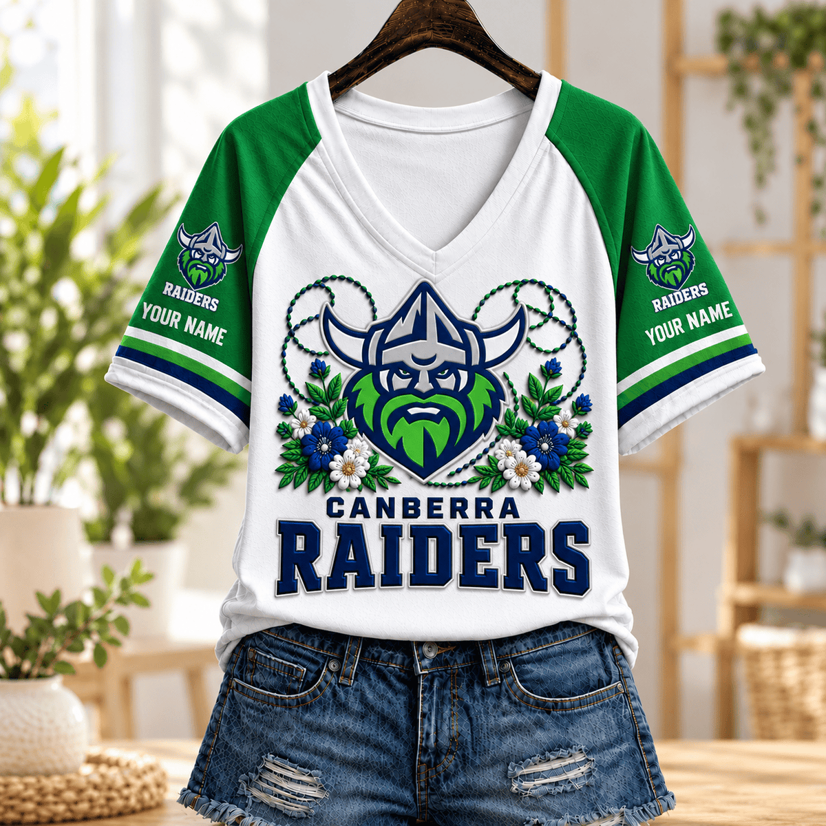 Canberra Raiders NRL V-neck T-shirt Flowers Design Custom Any Name Gift