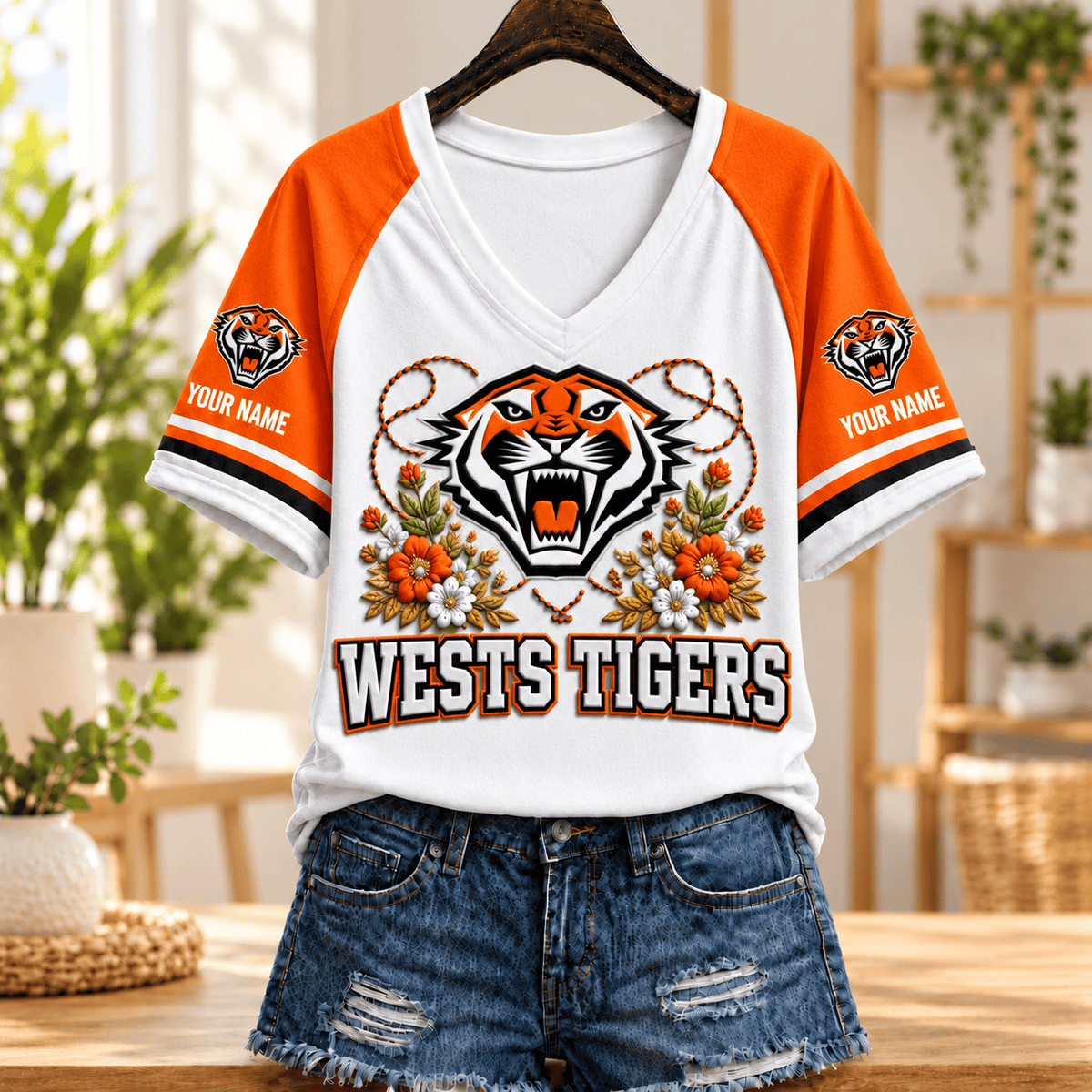 Wests Tigers NRL V-neck T-shirt Flowers Design Custom Any Name Gift
