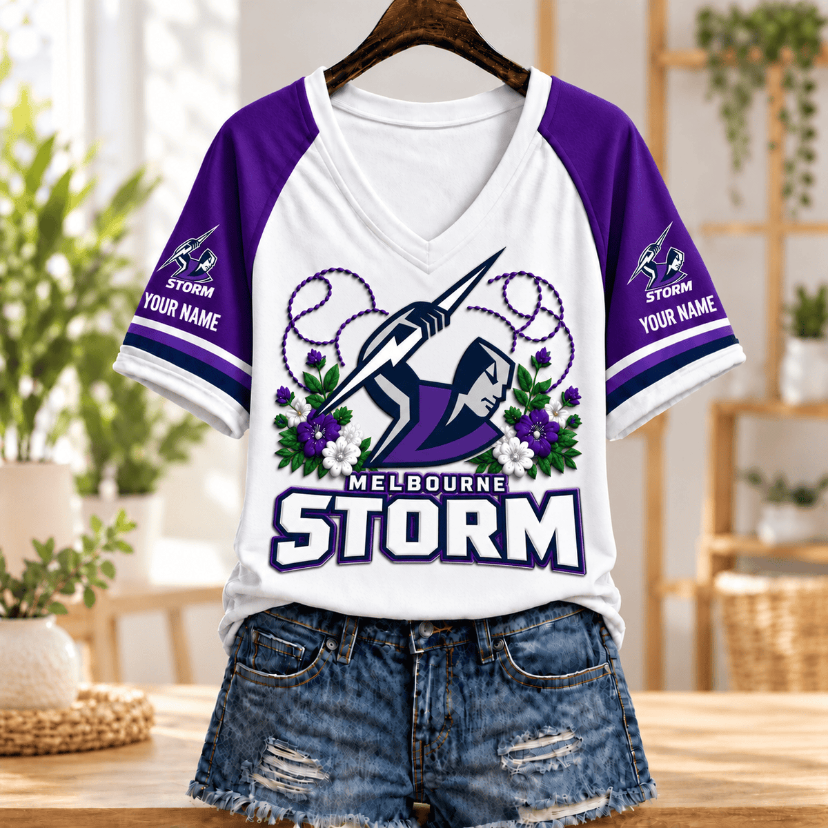 Melbourne Storm NRL V-neck T-shirt Flowers Design Custom Any Name Gift