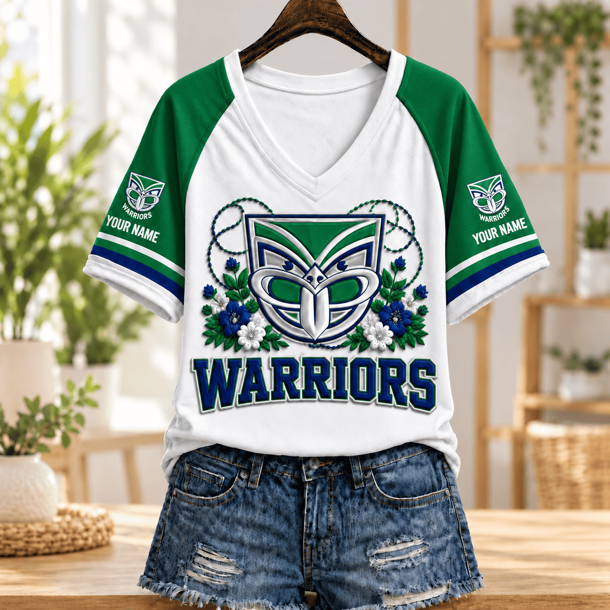New Zealand Warriors NRL V-neck T-shirt Flowers Design Custom Any Name Gift
