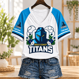 Gold Coast Titans NRL V-neck T-shirt Flowers Design Custom Any Name Gift