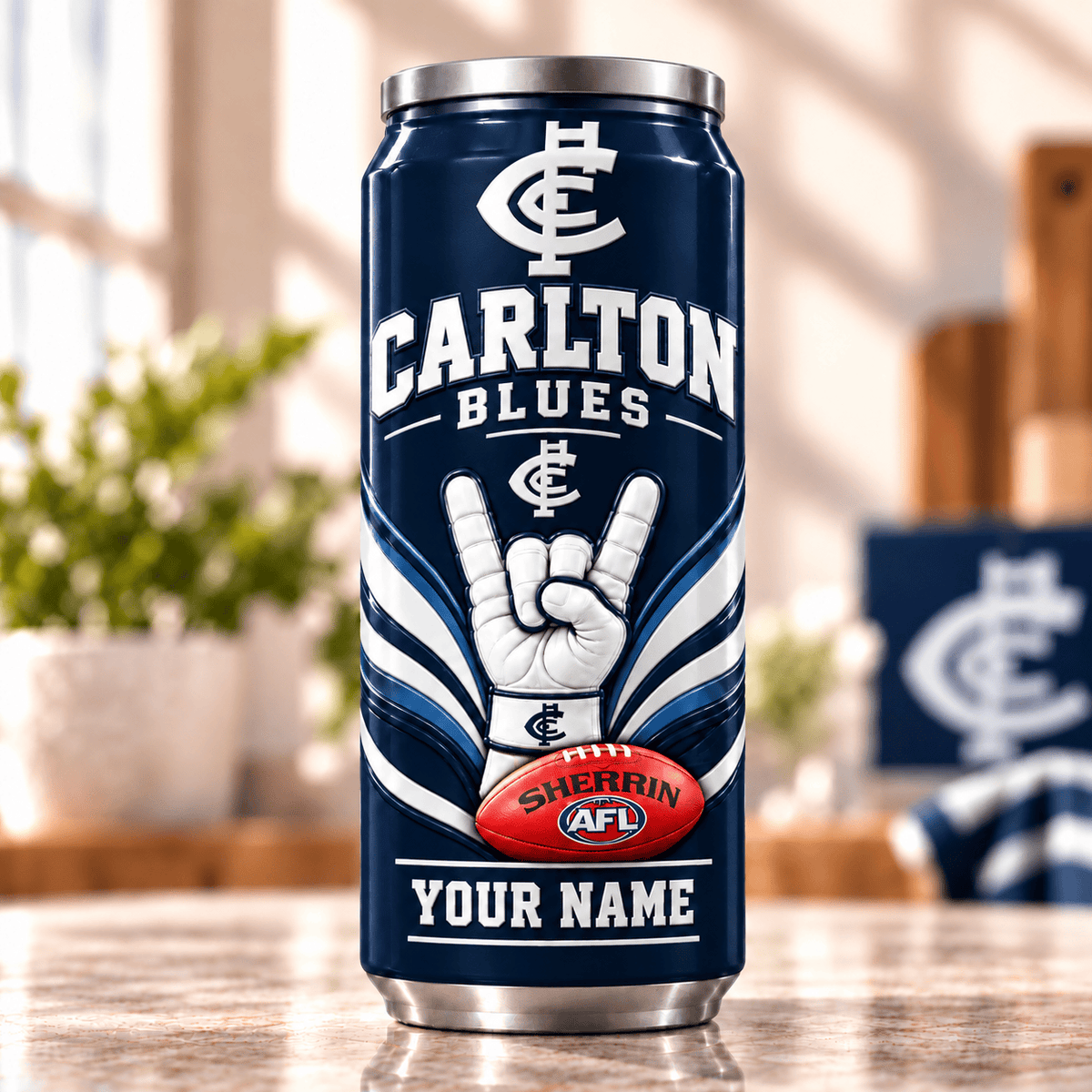 Carlton Blues AFL Hand Sign Can Shaped Tumbler Personalized Any Name Gifts