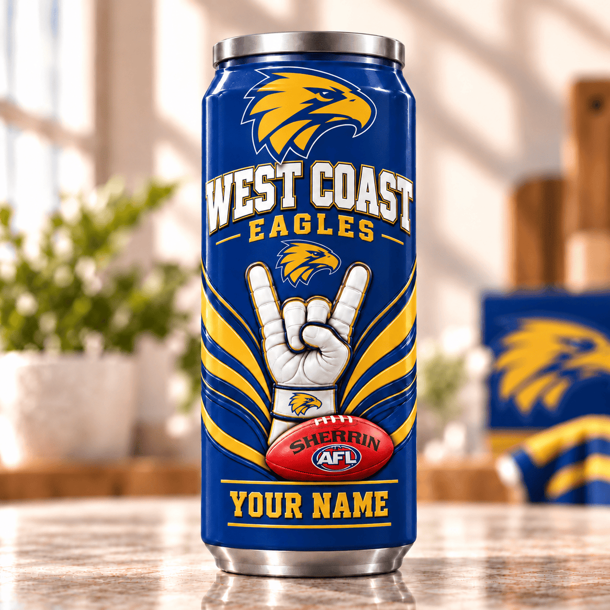 West Coast Eagles AFL Hand Sign Can Shaped Tumbler Personalized Any Name Gifts