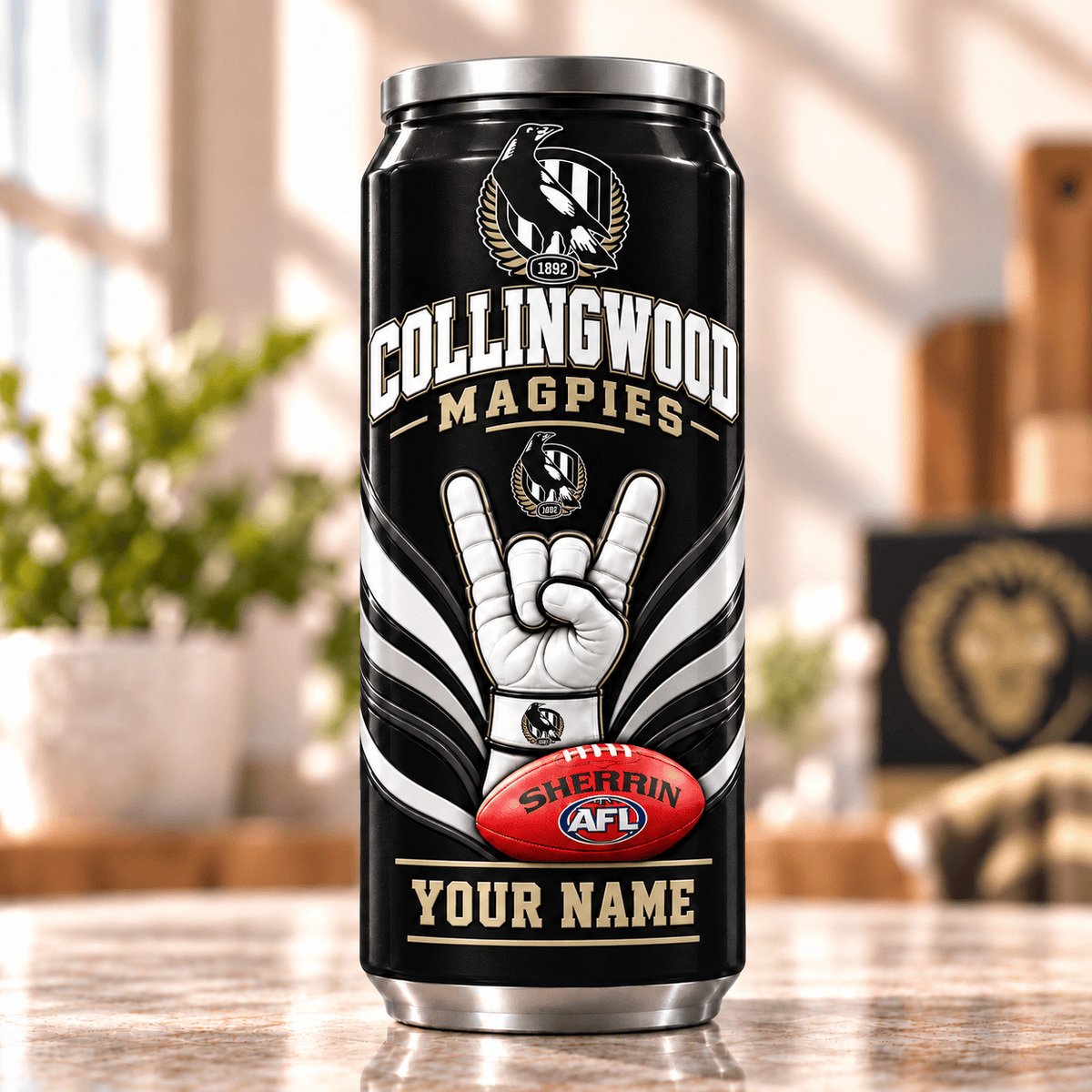 Collingwood Magpies AFL Hand Sign Can Shaped Tumbler Personalized Any Name Gifts