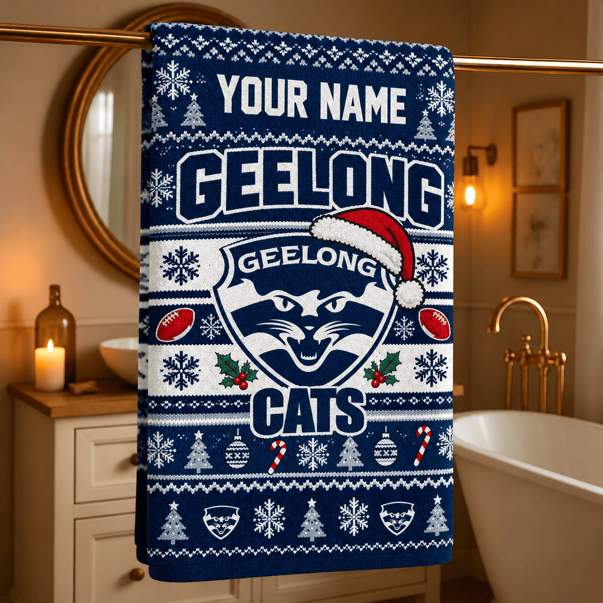 Geelong Cats AFL Christmas Bath Towel Full Size Custom Any Name Gifts