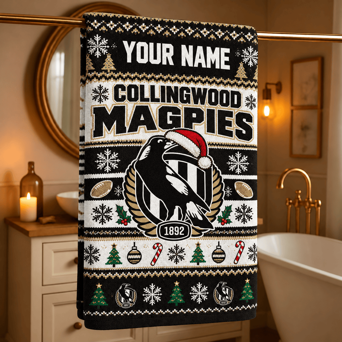 Collingwood Magpies AFL Christmas Bath Towel Full Size Custom Any Name Gifts