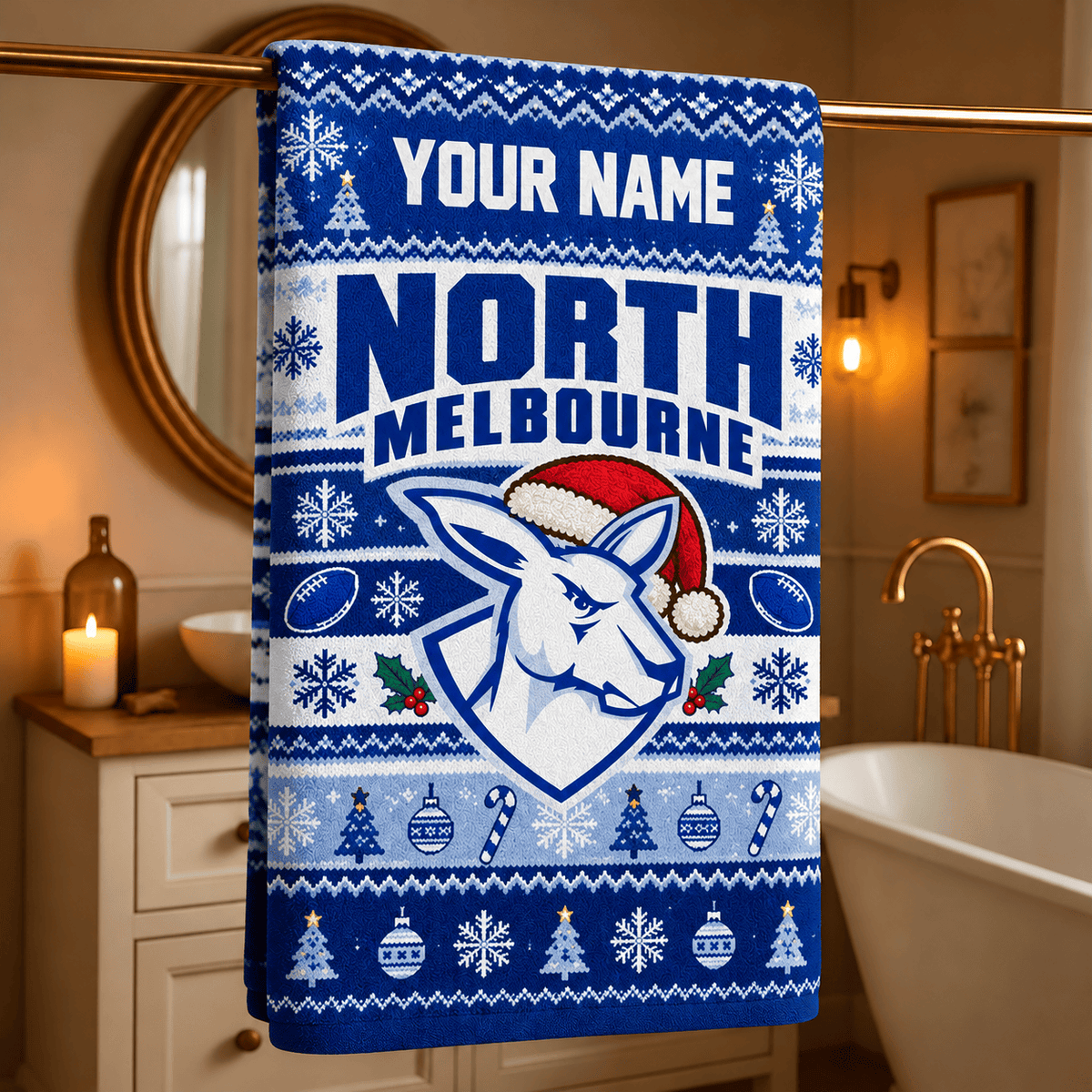 North Melbourne Kangaroos AFL Christmas Bath Towel Full Size Custom Any Name Gifts
