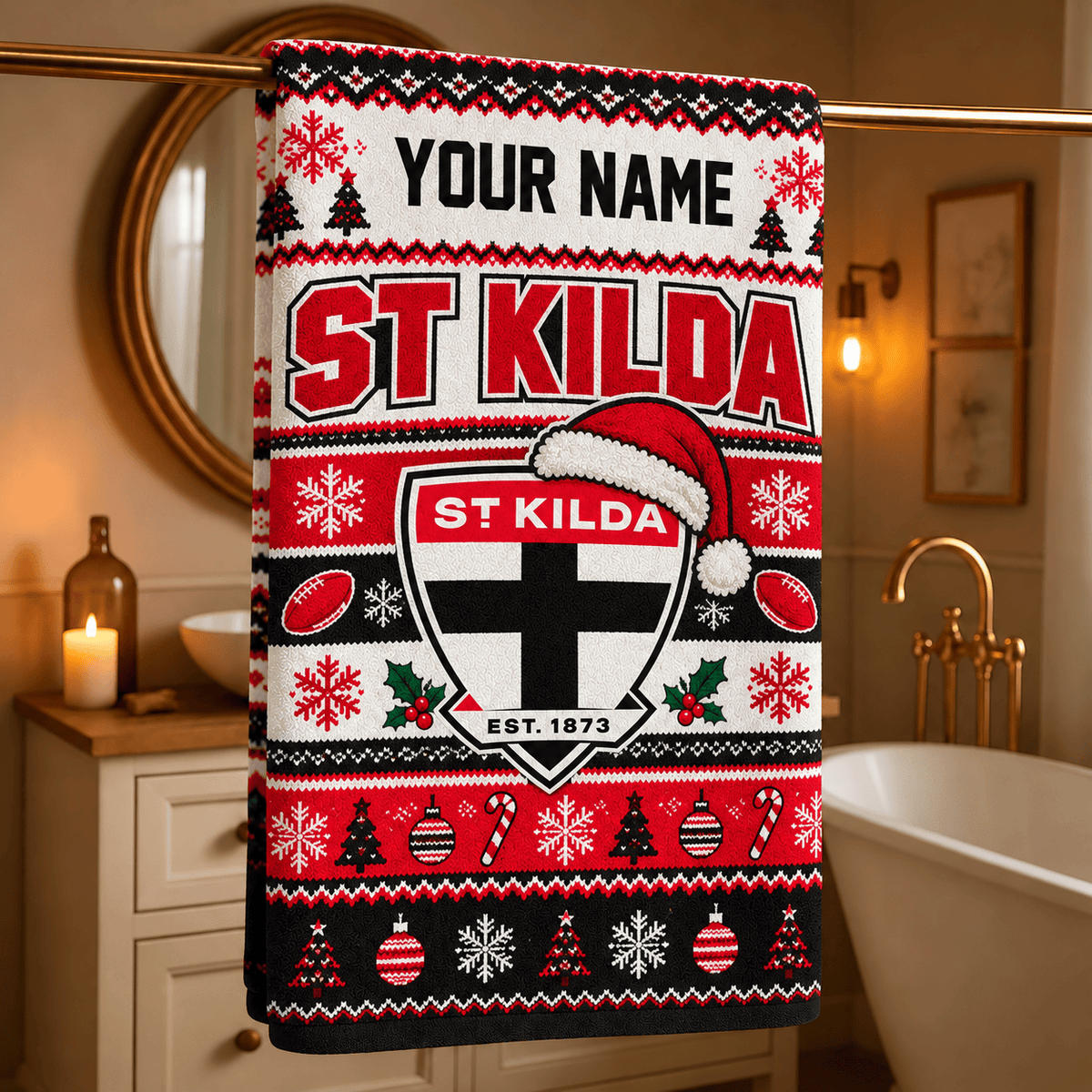 St Kilda Saints AFL Christmas Bath Towel Full Size Custom Any Name Gifts