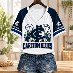 Carlton Blues AFL V-neck T-shirt Flowers Design Custom Any Name Gifts