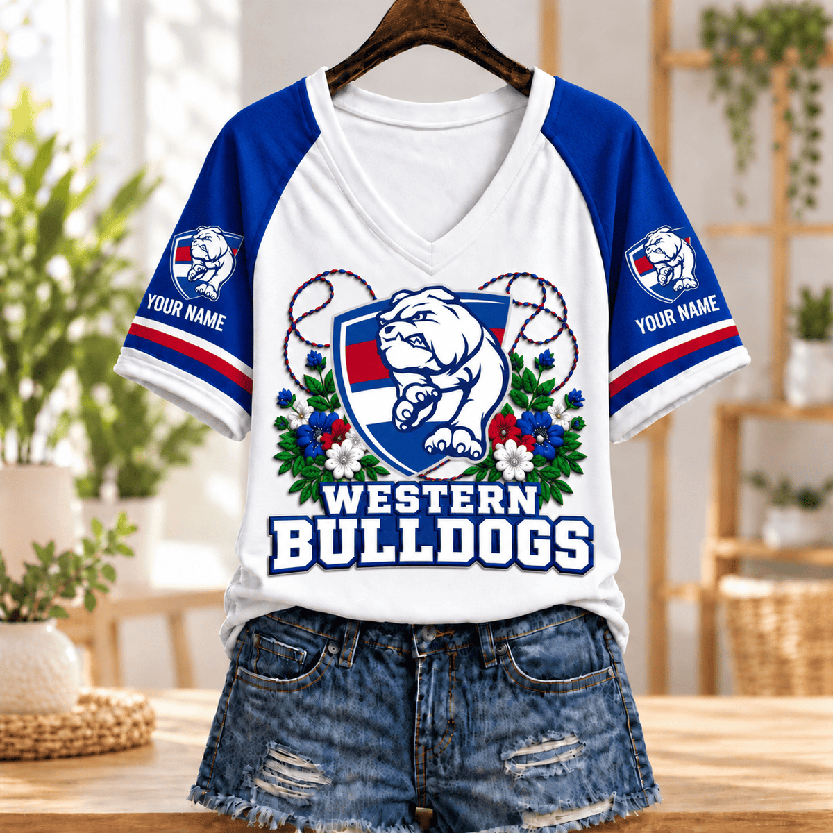 Western Bulldogs AFL V-neck T-shirt Flowers Design Custom Any Name Gifts