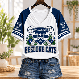 Geelong Cats AFL V-neck T-shirt Flowers Design Custom Any Name Gifts