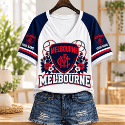Melbourne Demons AFL V-neck T-shirt Flowers Design Custom Any Name Gifts