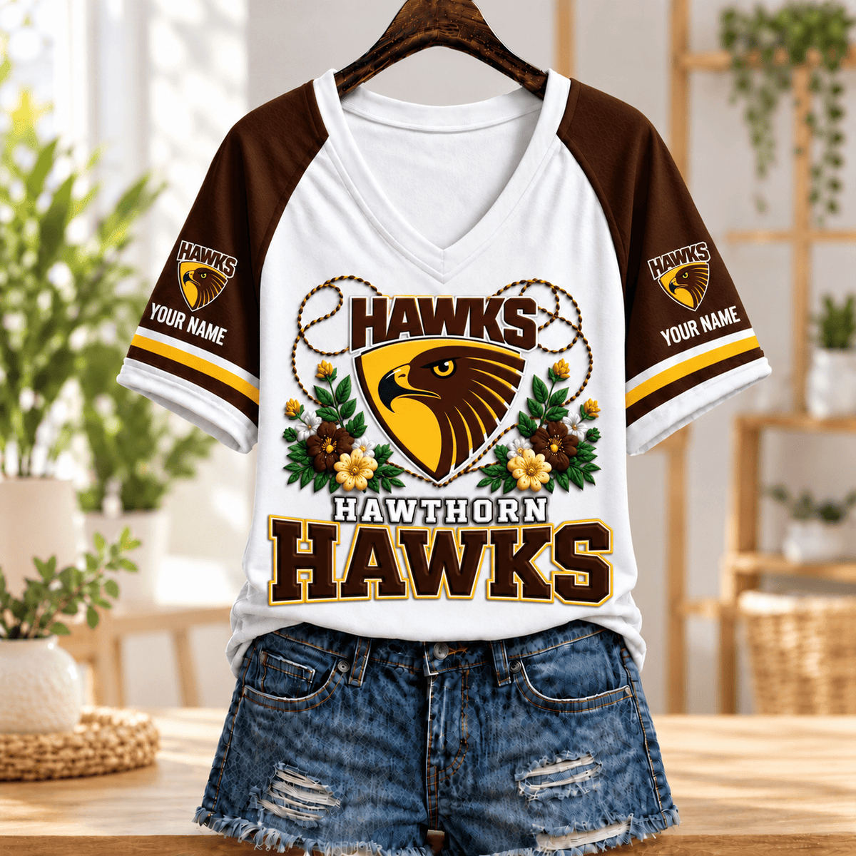Hawthorn Hawks AFL V-neck T-shirt Flowers Design Custom Any Name Gifts