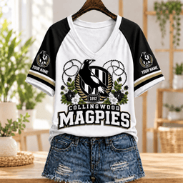 Collingwood Magpies AFL V-neck T-shirt Flowers Design Custom Any Name Gifts