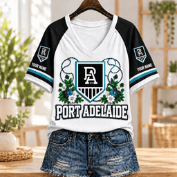 Port Adelaide Power AFL V-neck T-shirt Flowers Design Custom Any Name Gifts