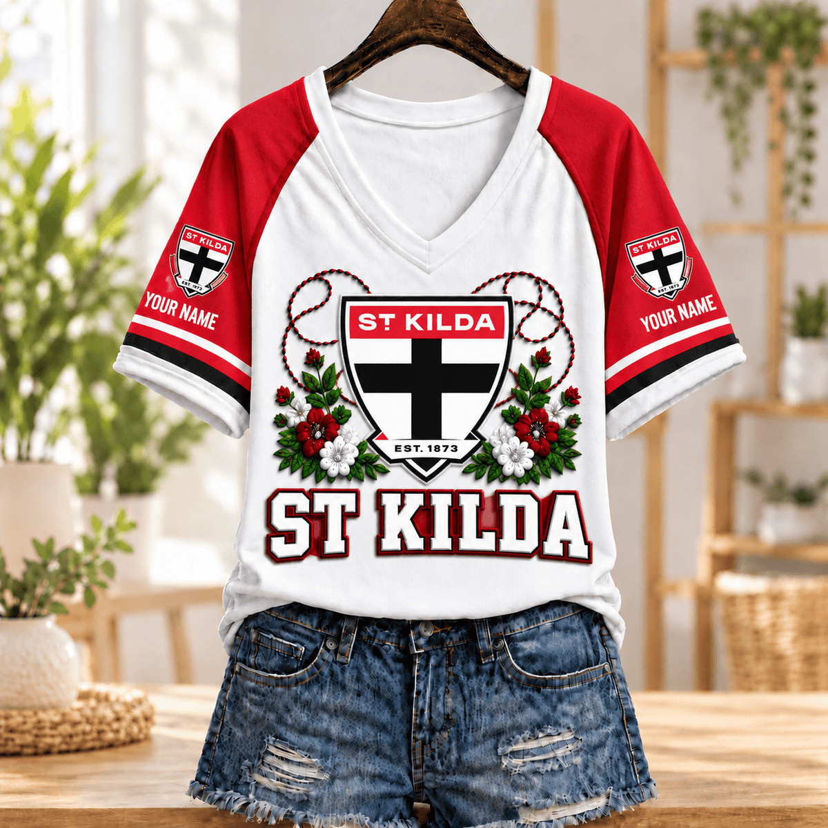 St Kilda Saints AFL V-neck T-shirt Flowers Design Custom Any Name Gifts