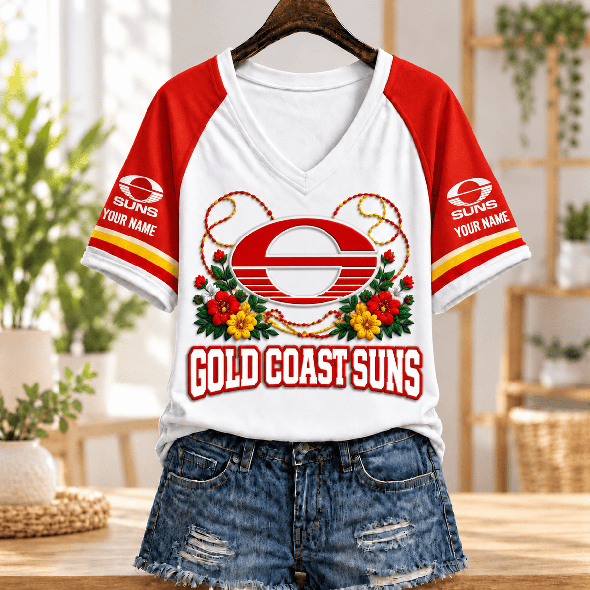 Gold Coast Suns AFL V-neck T-shirt Flowers Design Custom Any Name Gifts