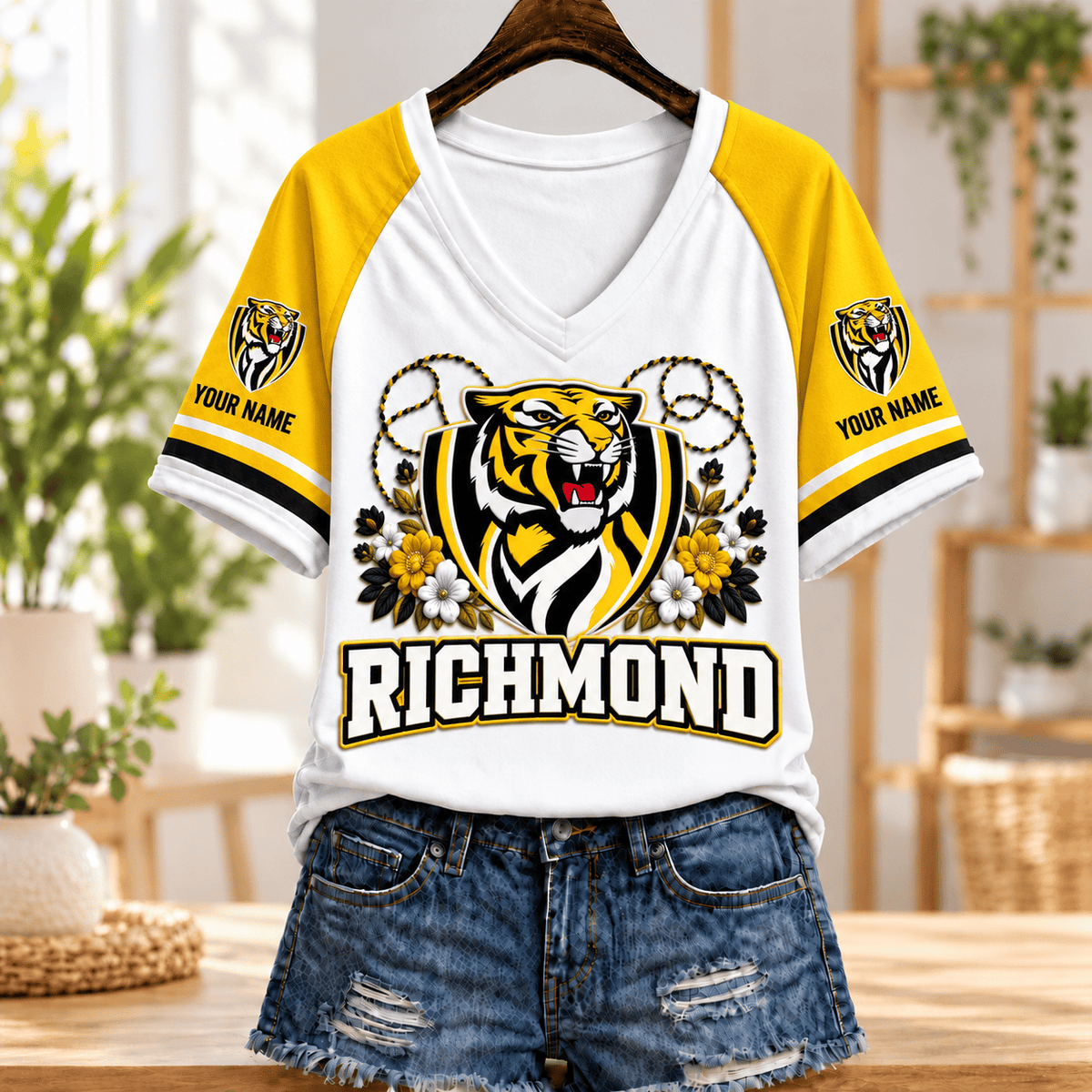 Richmond Tigers AFL V-neck T-shirt Flowers Design Custom Any Name Gifts