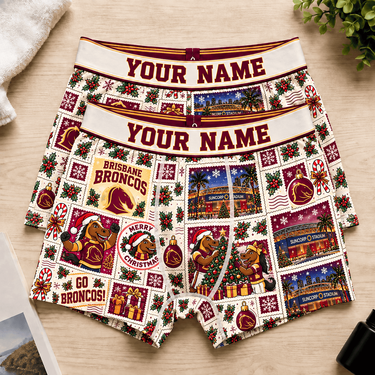 Brisbane Broncos NRL Christmas Pattern Men Boxers Custom Any Name