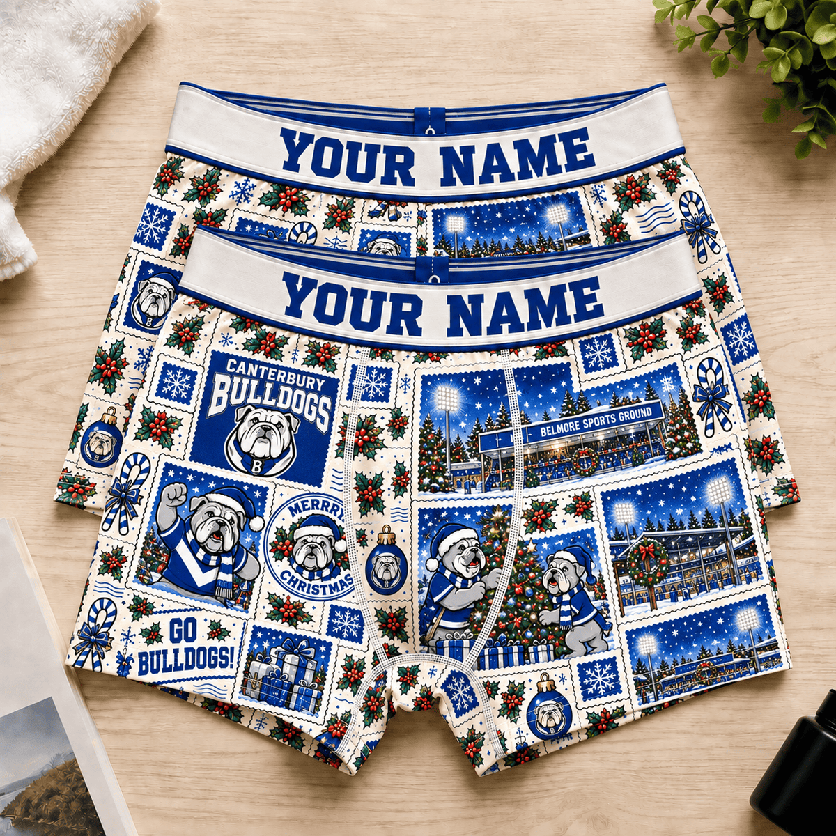 Canterbury-Bankstown Bulldogs NRL Christmas Pattern Men Boxers Custom Any Name