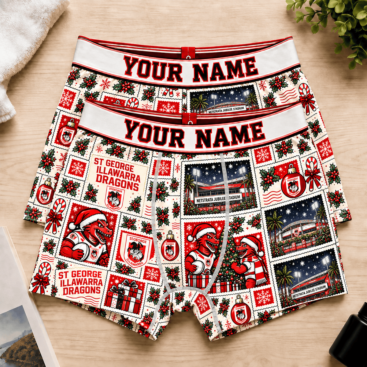 St George Illawarra Dragons NRL Christmas Pattern Men Boxers Custom Any Name