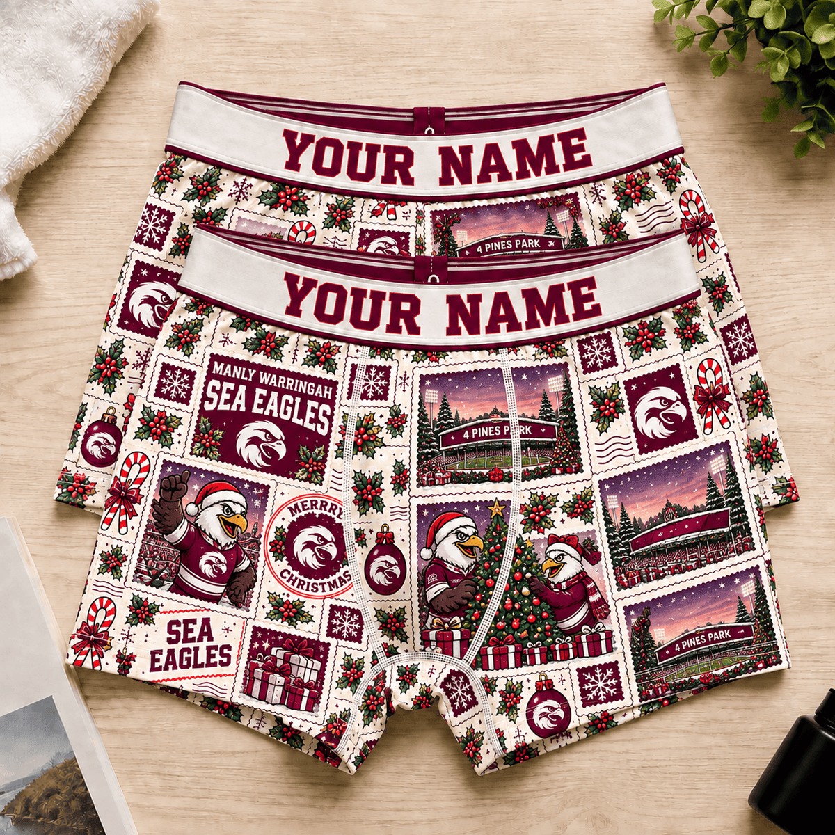 Manly Warringah Sea Eagles NRL Christmas Pattern Men Boxers Custom Any Name