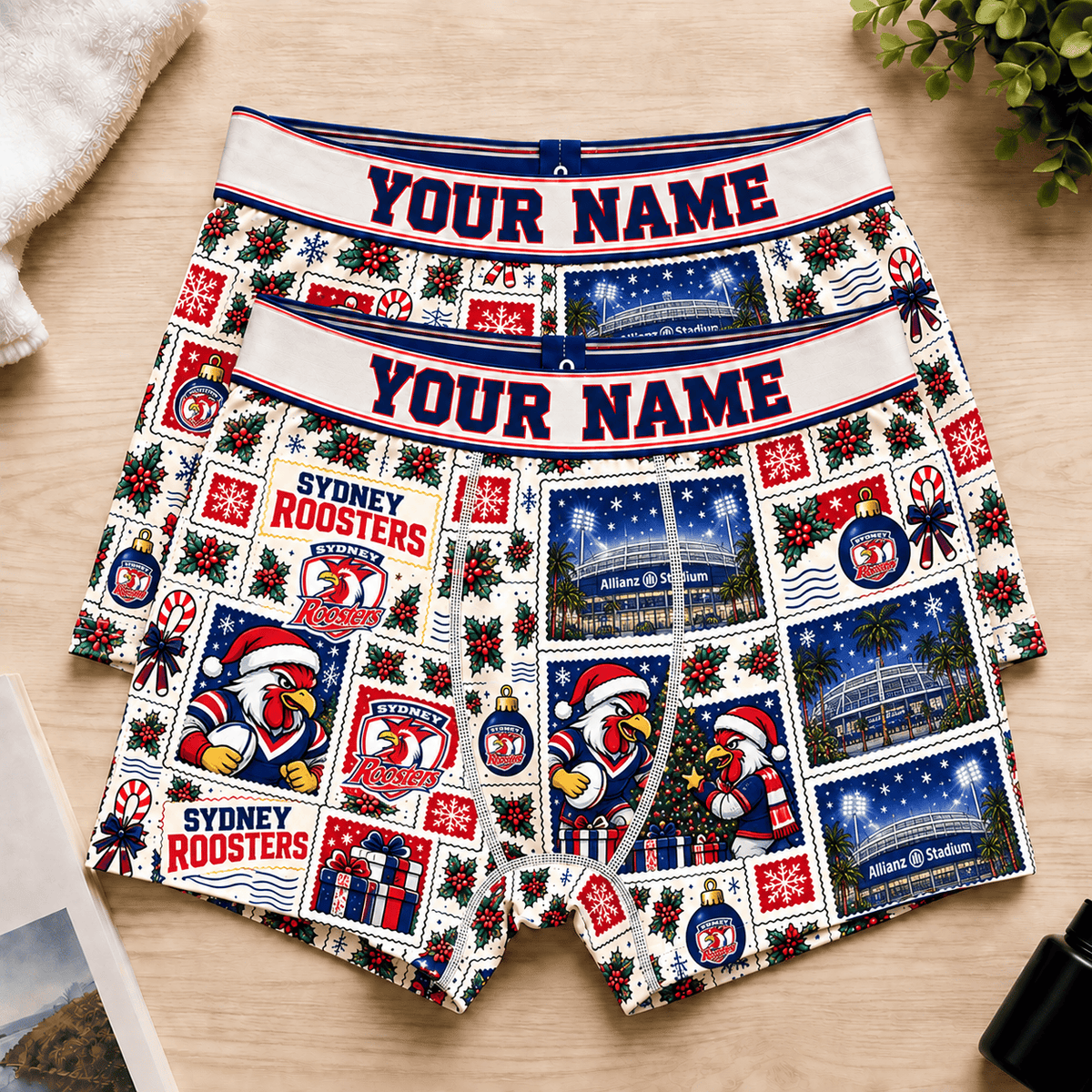 Sydney Roosters NRL Christmas Pattern Men Boxers Custom Any Name